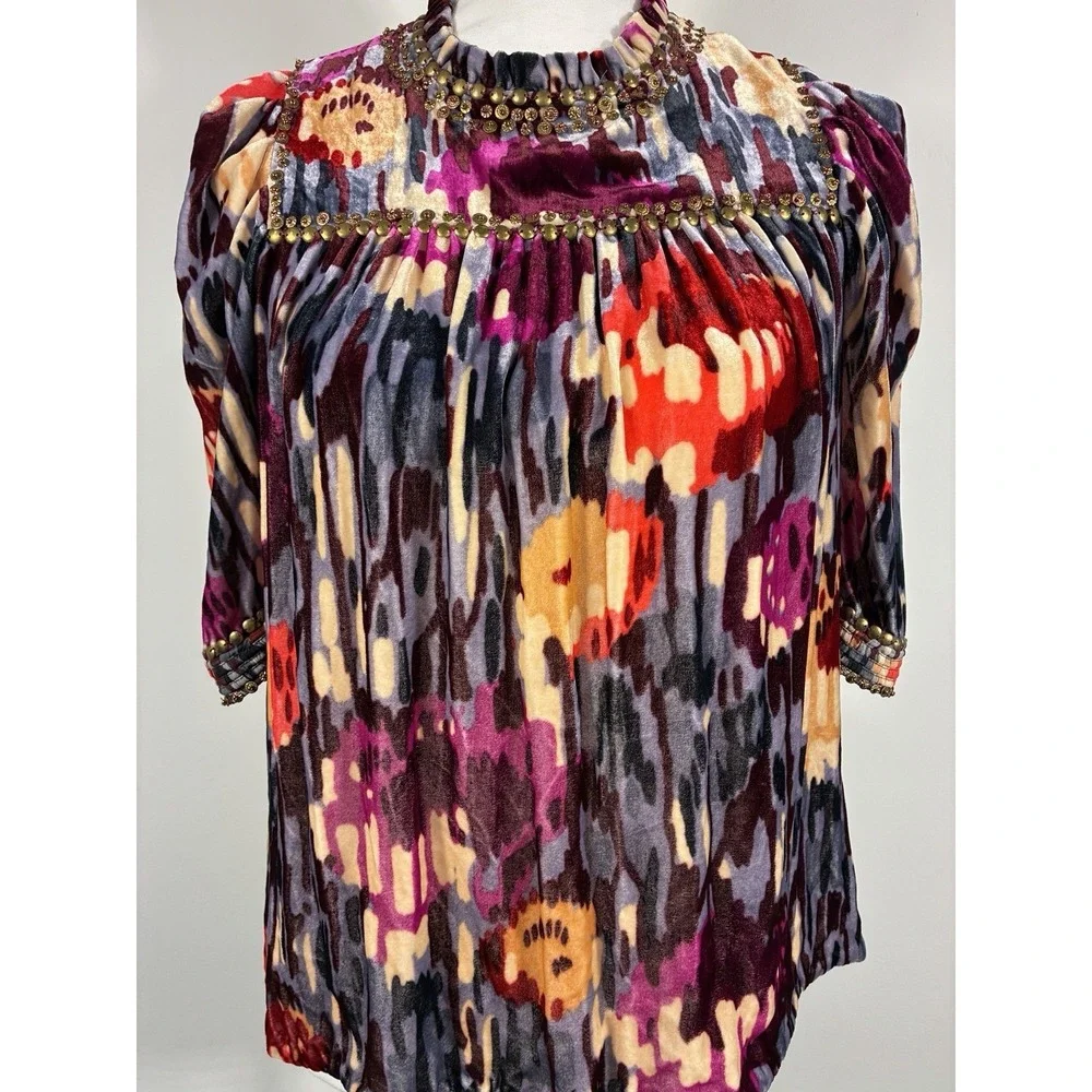 ULLA JOHNSON Size 2 Multi Color Velour Abstract Floral Beaded Blouse Boho